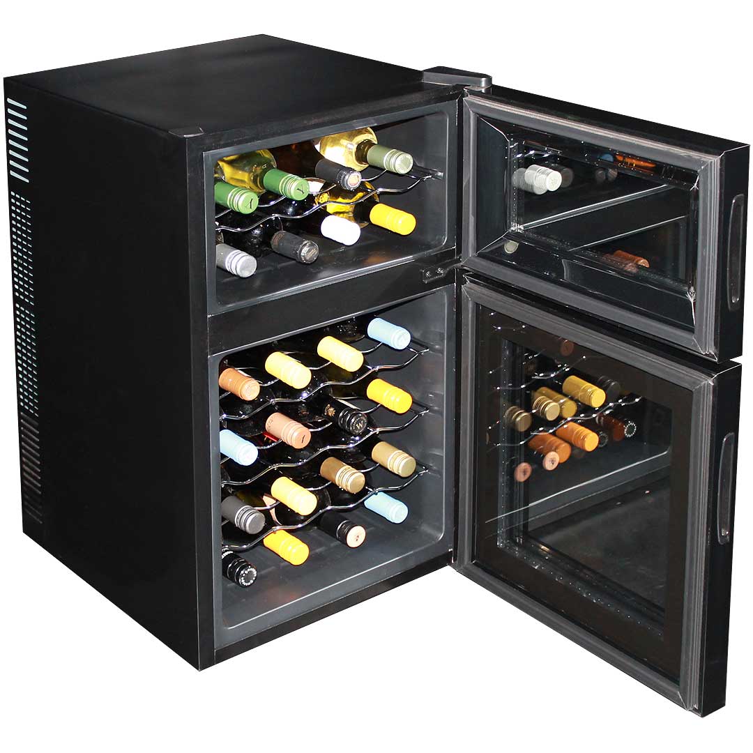 Mini Dual Zone Wine Refrigerator 24 Bottle Model BCW69 Both Open.
