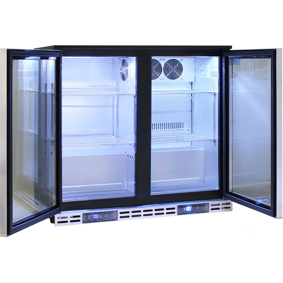 Heated Glass 2 Door Commercial Stainless Steel Bar Fridge With Below