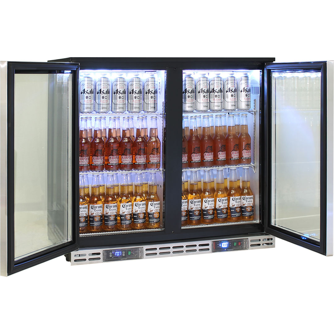Heated Glass 2 Door Commercial Stainless Steel Bar Fridge With Below